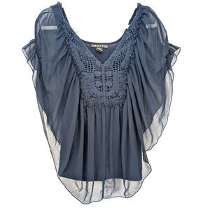 VTG Y2K Living Doll Navy Sheer Ethereal Dark Fairy Boho Embroidered Crochet Top